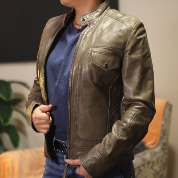 Danier Leather Jacket Womens Military Style Green - Picture 3 of 16